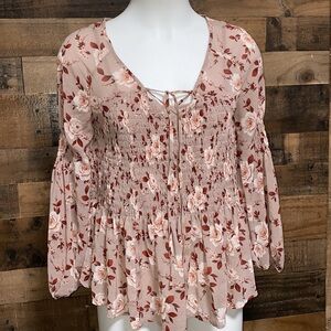 AMERICAN EAGLE Smocked Tan Floral Boho Tiered Peasant Top Size Small